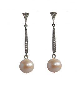image showing Monroe CZ and Freshwater Pearl Earrings. Drop earrings with diamante studded column with pearl drop at the end.