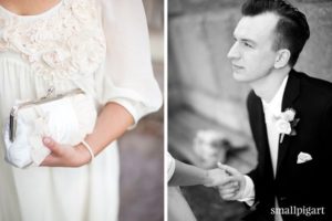 2 images. Left image shows the side of a bride, just her arm holding a white clutch bag with a pearl bracelet. the right image shows a groom kneeling and hold the hand of the bride