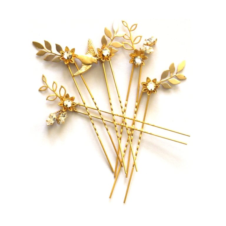 Decorative hair pins for buns and hair up style. Pretty leaves & bird.