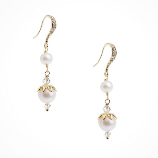 Viola Bridal Earrings. Image showing gold pearl drop earrings with gold crystals