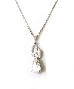 diamante leaf wedding pendant necklace on a white background