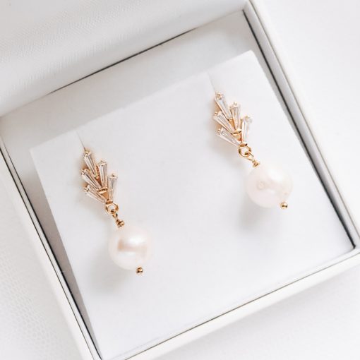 Sylvie Crystal Earrings. Image of art deco gold studs with freshwater pearl drops
