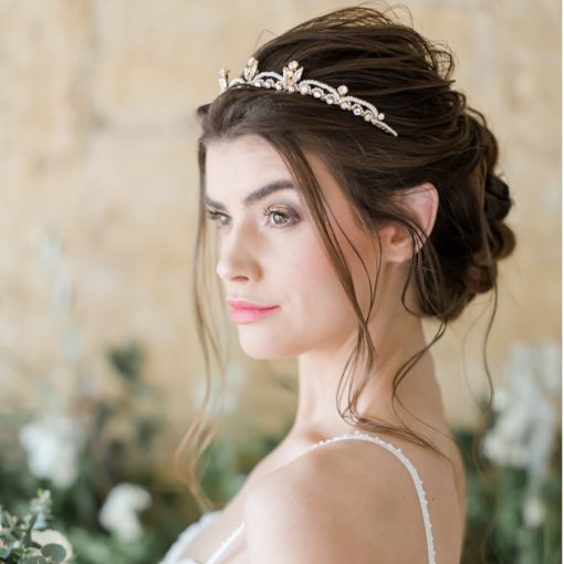 Bride wearing a crystal and pearl tiara