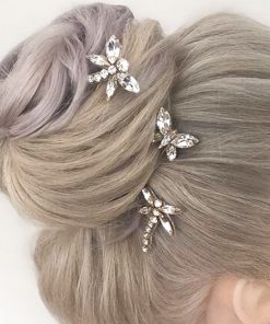 DAMSELFLIES and BUTTERFLY hairpins. Image shows back of brides head, with blonde hair up in a braided bun, with butterfly and dragon fly hairpins