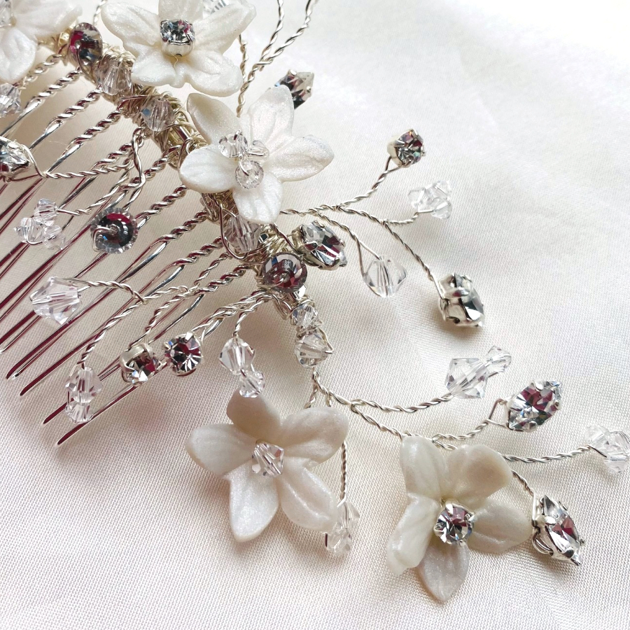 Customised crystal and flower hair comb for Lyn