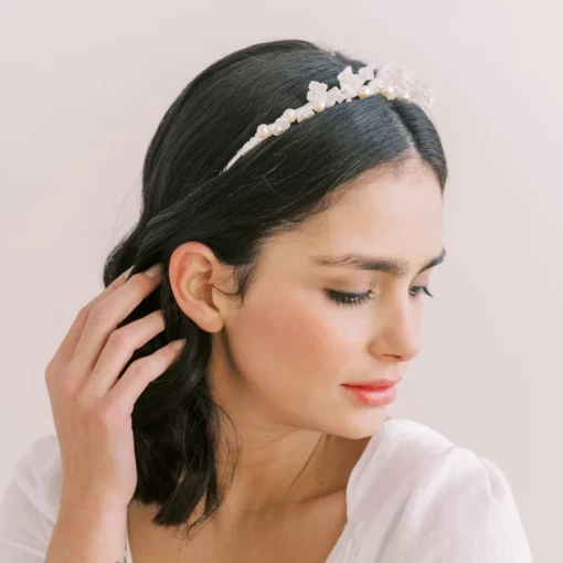 Annabelle Wedding Crown. Bride with long dark hair wearing a floral wedding tiara