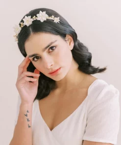 Genevieve Crown - Bride with long dark hair down with floral crown