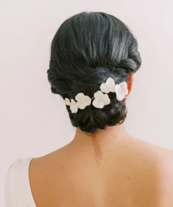 Seraphina Hair vine. Bride with low bun and hair vine flowers