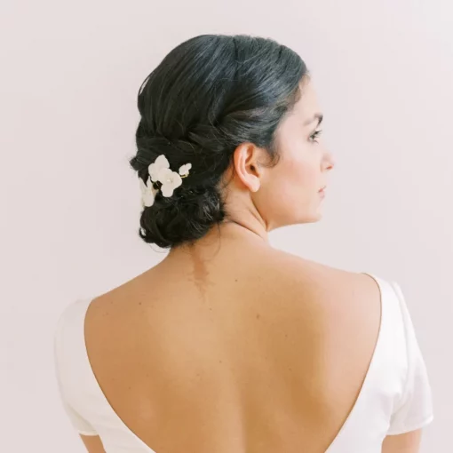 Seraphina Hair vine. Bride with low bun and hair vine flowers