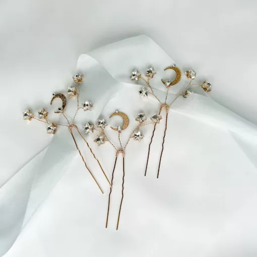 Gemini Star Hair Pins - image shows star and moon hair pins