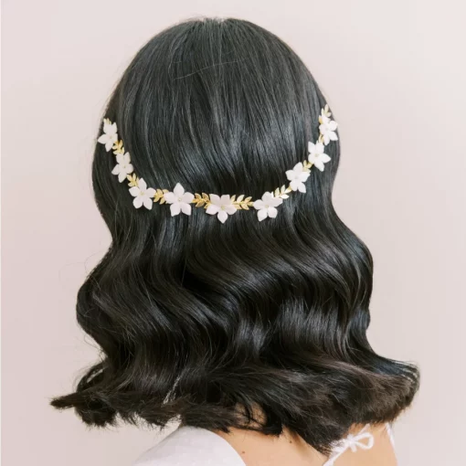 Odessa leaf and flower Hair Vine -Bride with long dark hair wearing a floral wedding hair vine