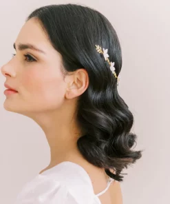 Odessa leaf and flower Hair Vine -Bride with long dark hair wearing a floral wedding hair vine
