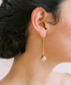 Rosalind pearl drop earrings. woman wearing long chain style large pearl drop earrings