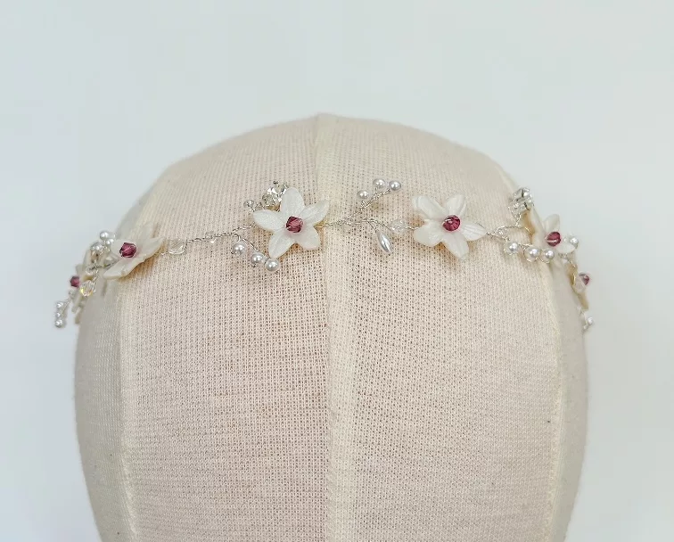 Bespoke wedding headdress for bride rachel.Head bust with hairvine of handmade flowers, crystals and pearls woven on wire,