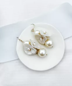 Statement modern floral pearl drop wedding earrings