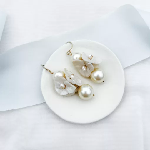 Statement modern floral pearl drop wedding earrings