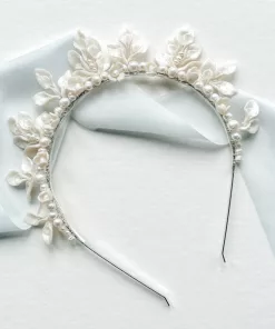 bridal leaf and floral crown set on a white background with light blue silk ribbon.